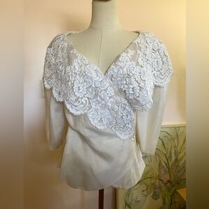 80s ivory lace and silk off shoulder jacket